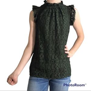MAEVE by Anthropology Green Lace Top Sleeveless High Collar Size 0